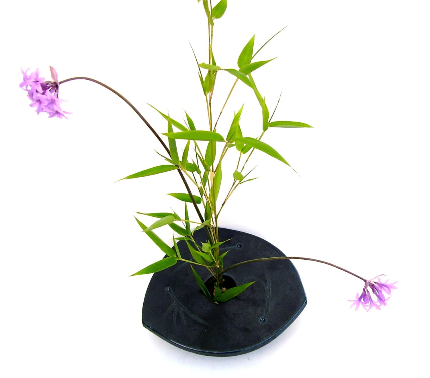 Mid century Flower Frog Black Vase Vintage Retro Floral