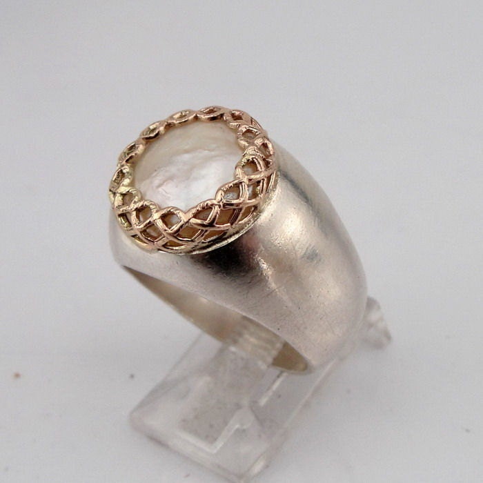Hadar Jewelry 9K Gold Sterling silver ring inlaid fresh water Pearl size 7.5 (sp1002)