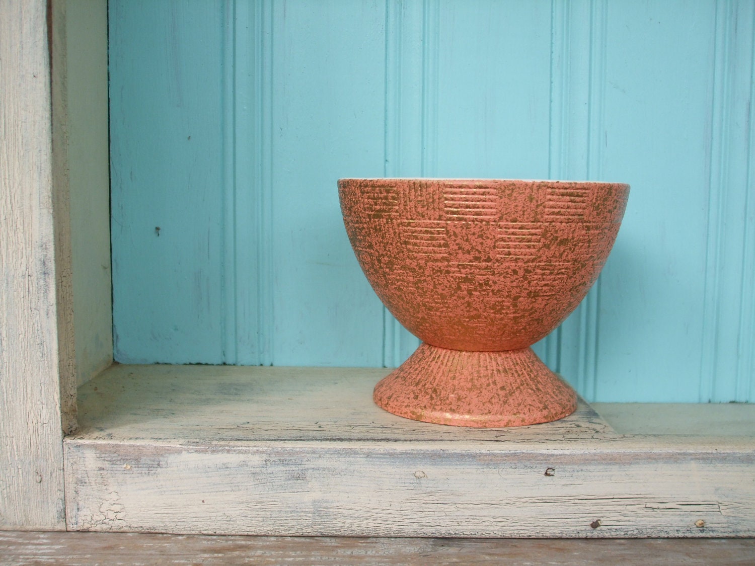 Footed Bowl Mid Century Modern Coral Gold Basket Weave