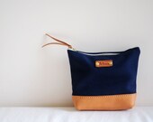 Hand Stitched Tan Leather & Navy Canvas Pouch/ Cosmetic Bag/ Stationary Bag