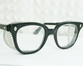 60s Mens Glasses 1960s Safety Eyeglasses Black Horn Rim Large Unisex 48/24 Clear Side Shield Adjustable Temple Optical Frame
