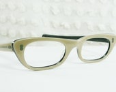 50s Cat Eye Glasses 1950's Womens Eyeglasses Cream Pearl Thick Squared Horn Rim Black Base Optical Frame NOS 46/20 May Optical USA