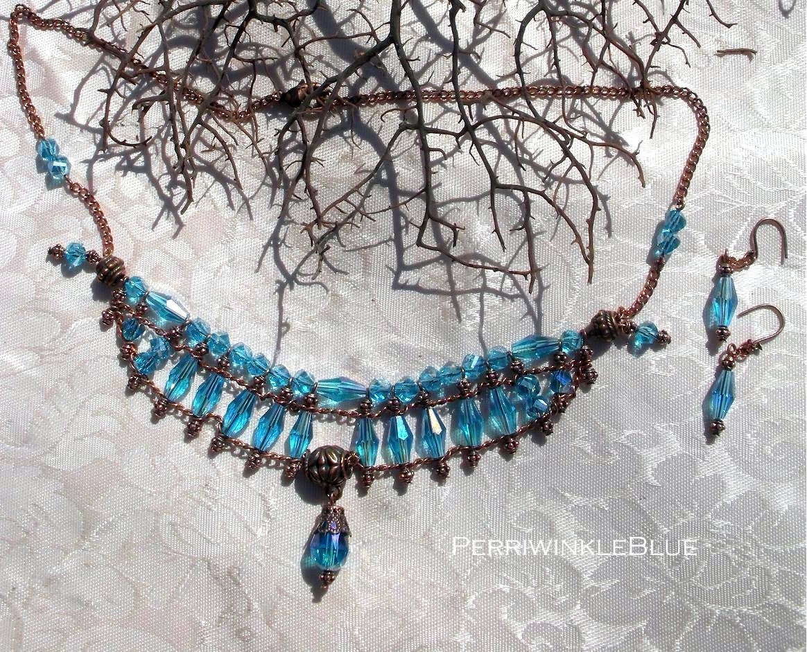 Angeline Renaissance Necklace and Earrings Set with Blue Lake Crystals and Antiqued Copper, OOAK
