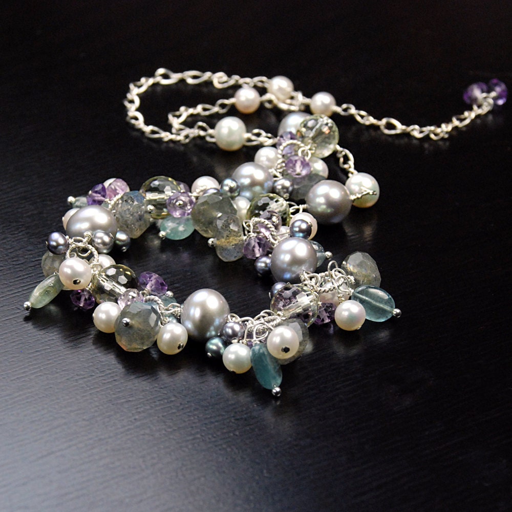 Pearl, Lemon Citrine, Labradorite, Tourmaline Necklace. Gemstone Cluster Silver Necklace