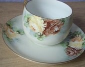 antique tea cup and saucer set, AK Limoges France tea cup, yellow mums, brown, hand painted  tea set flowers