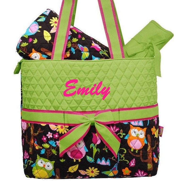 Personalized Diaper Bag Quilted 3pc Owl Lime Fuschia
