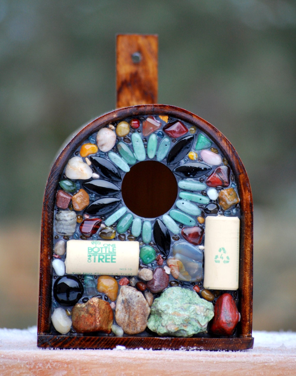 Recycled Wine Cork and Stone Birdhouse  functional Garden Art