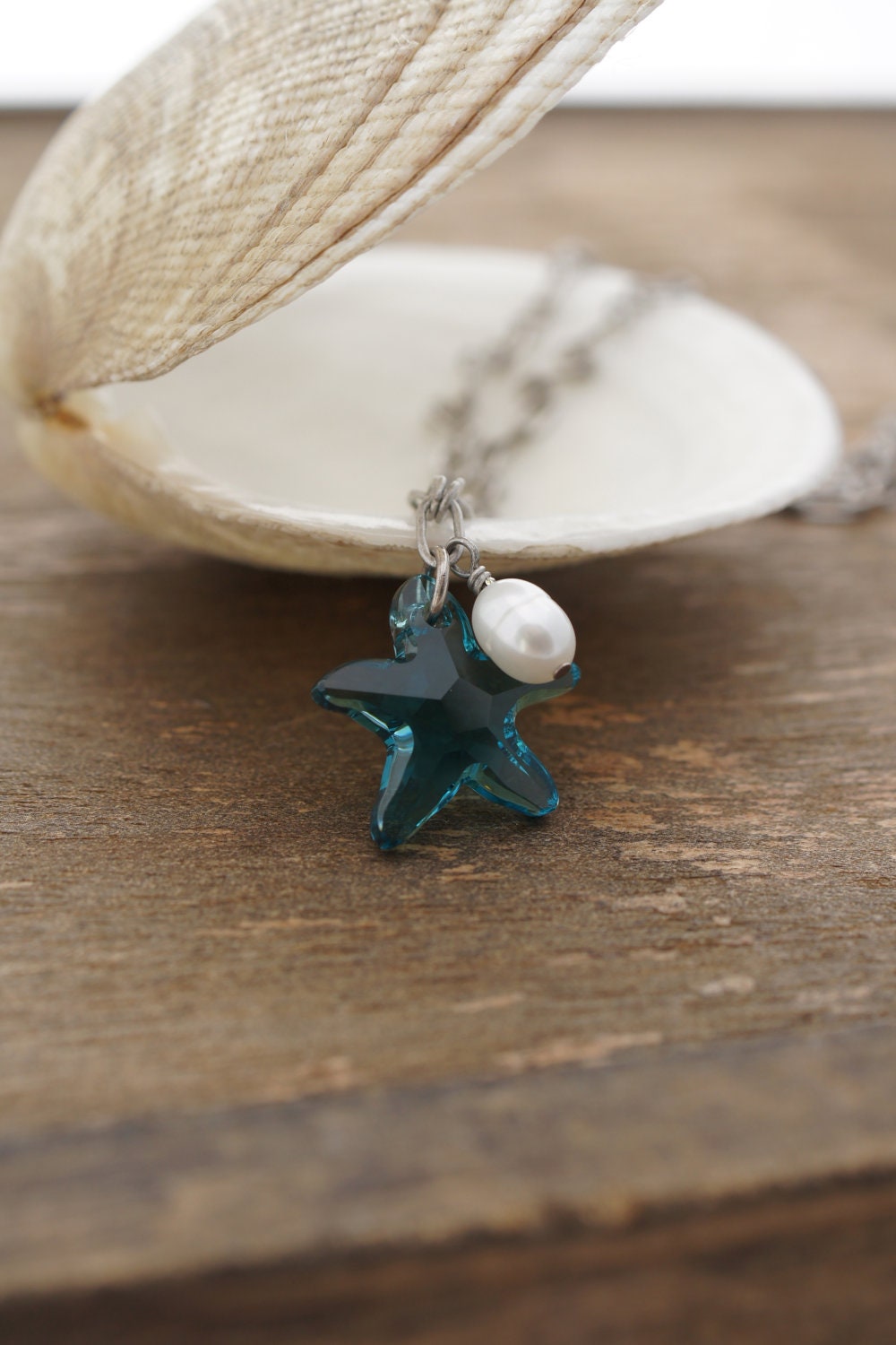 Free Shipping Etsy - Aqua Blue Crystal Starfish Necklace, White Pearl and Silver by Cheydrea