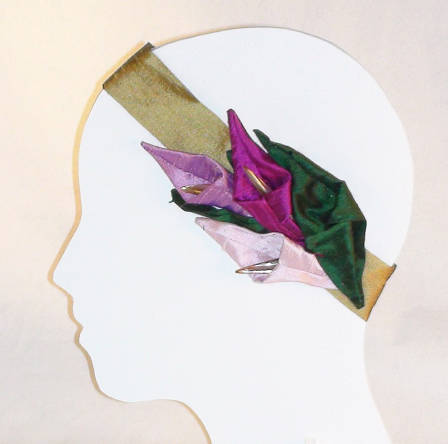 Silk Elastic Headband Hair Fascinator Brassy Silk Band Purple Calla Lilies Green Silk Leaves Pearls by MaryGwyneth
