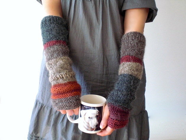 Hand knit arm warmers / urban rustic / cottage chic / earthy brown / berry red / country / gray / warm / for her / mix and match - MaybeTheWhiteDog