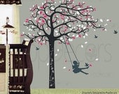 Nursery Tree Decal Girls Decal Kids Room Decor Wall Sticker- Girl Plays Swing - Designed by Popdecors