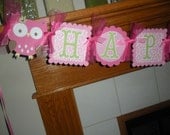 Open Eyed Owl Happy Birthday Banner You Choose Your Colors Matching Tissue Pom Poms Available