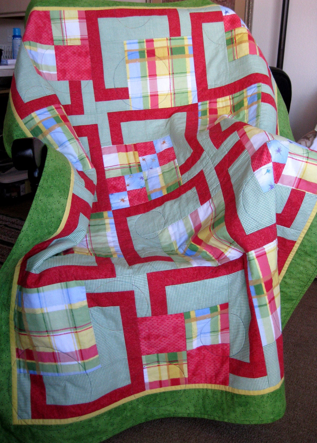 Handmade Quilt 48 x 61 Modern Geometric Patchwork, BQ, plaid, red green, NEW, Summer Light Dreaming, Free Motiion Quilting