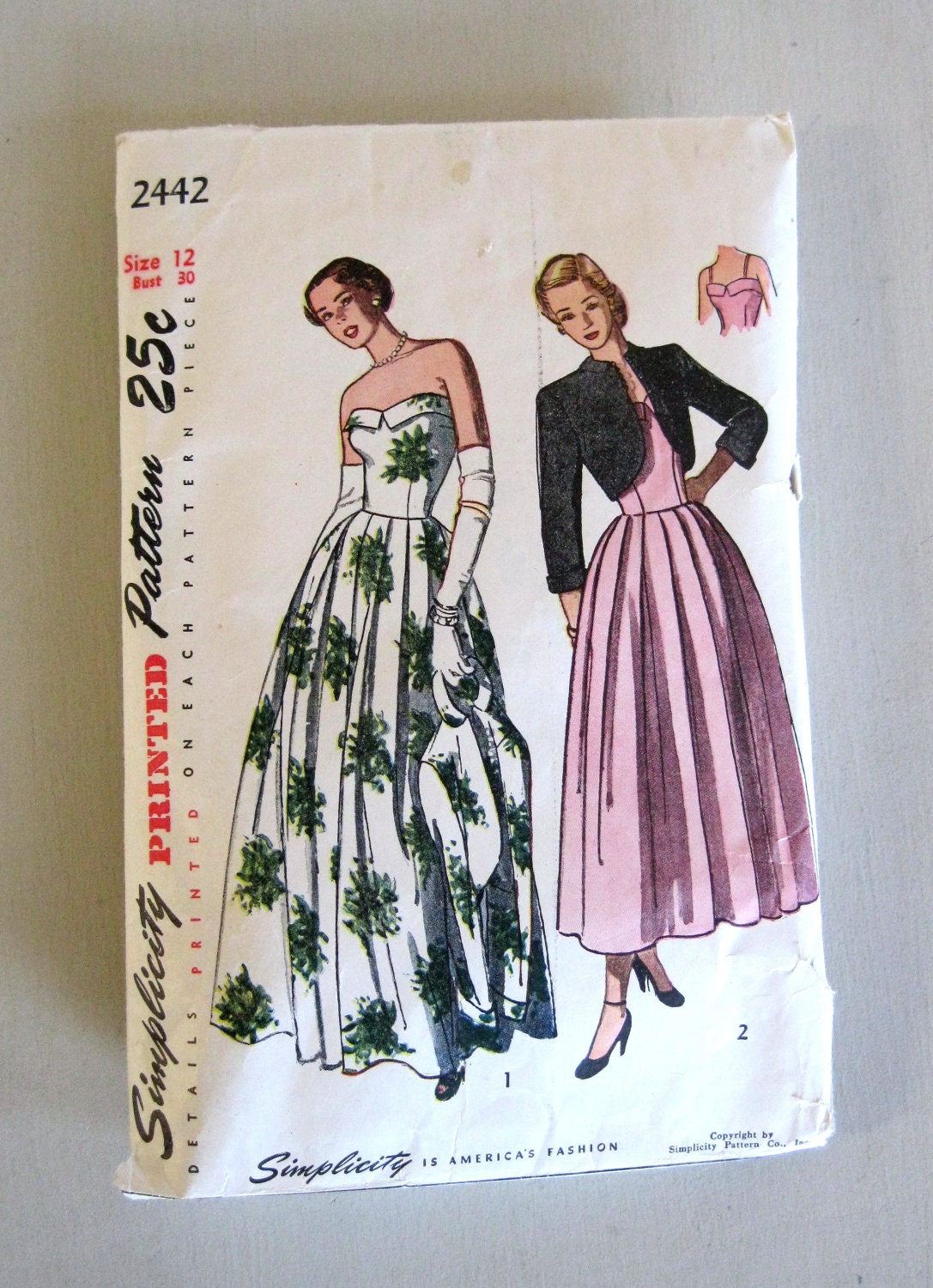 Simplicity 2442 Misses 1940s Evening Dress Bolero Jacket Pattern Bust 30 Strapless or Shoulder Straps Evening or Ballerina Length
