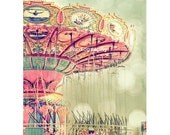 Carnival Photo. Swings.Dreamy. girly decor. Santa Cruz beach boardwalk. Pink. Green. Pale. Pastel. Bokeh. fair. Nursery Art. Mint.  Cute