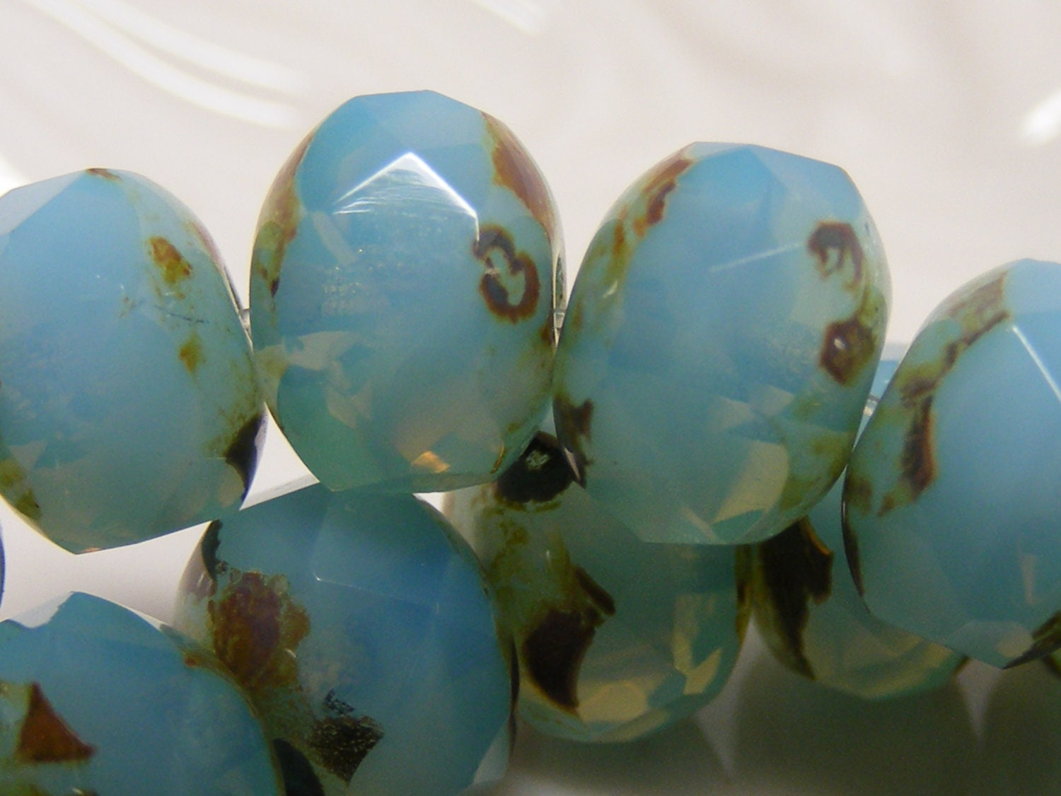 picasso czech opalite glass bead . SALTY TEAR . 6mm x 8mm . blue aqua . 12 each
