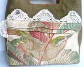 Bitsa Bag - Burlap & Linen Bird, Floral Purse - Chic Boho Design - Seafoam, Celery, Coral, Rose - Vintage Lace and Buttons