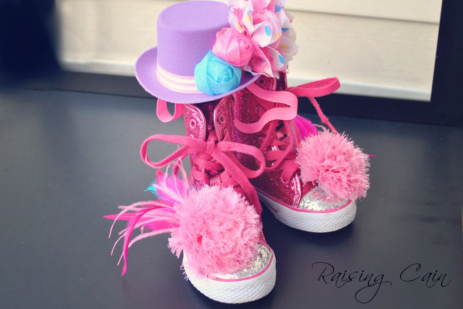 Cotton Candy Dreams Circus Birthday Set Polka Dot Mini Top Hat Headband Shoe Puffs Costume Girls Glitter Rosettes Dots Photo Prop