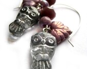 Owl earrings - Silver and purple, Silver earrings, silver owls, lilac - Leaves, Woodland earrings - Hand formed hoops, hoop earrings