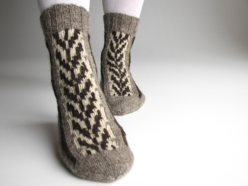 Patterned Women's Hand Knitted Woolen Socks - 100% Natural Organic Hand-spun Wool Yarn - Winter Eco Clothing