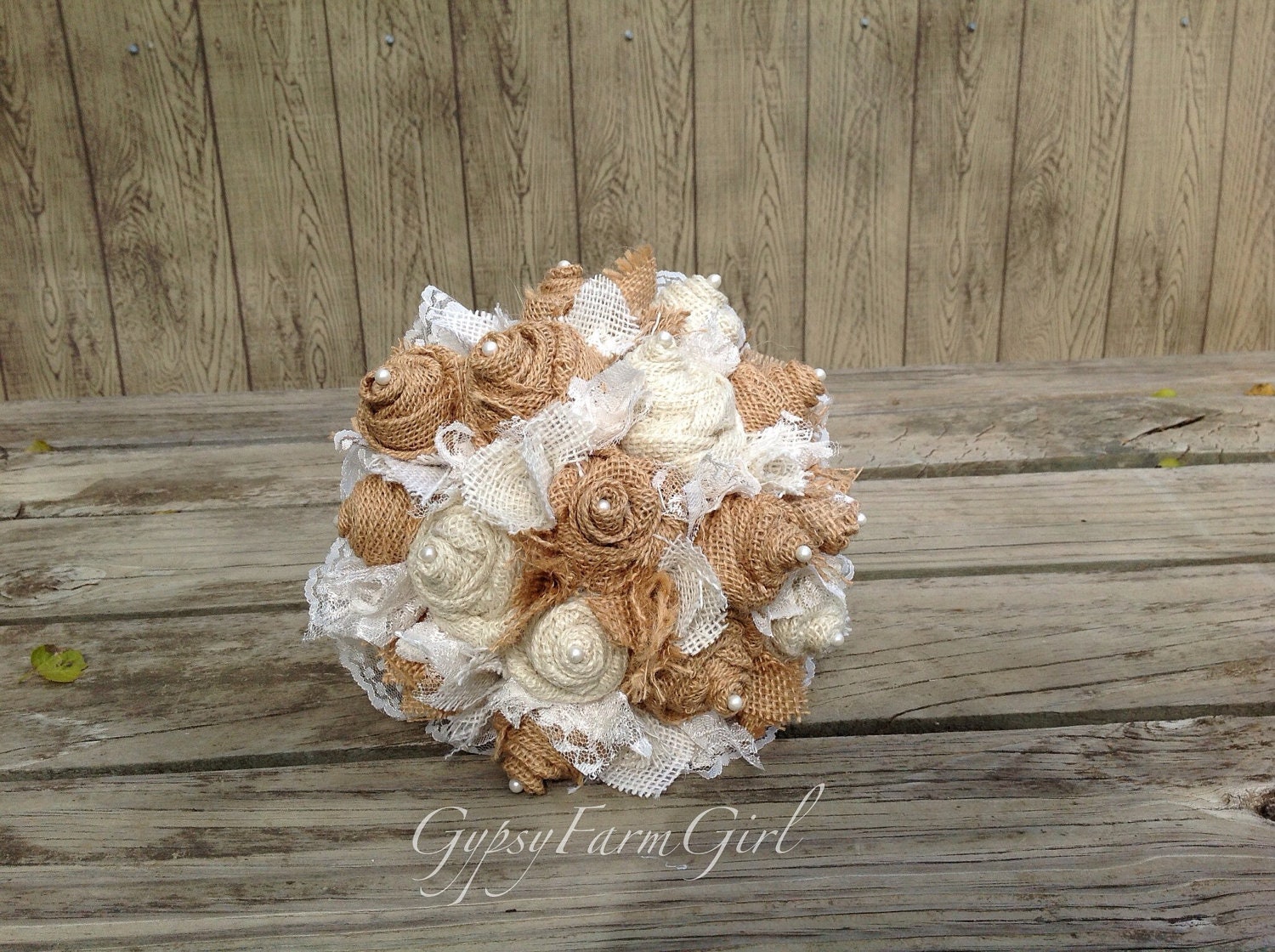 Natural Tan and Cream Colored Burlap and Lace Wedding Bouquets with Pearls
