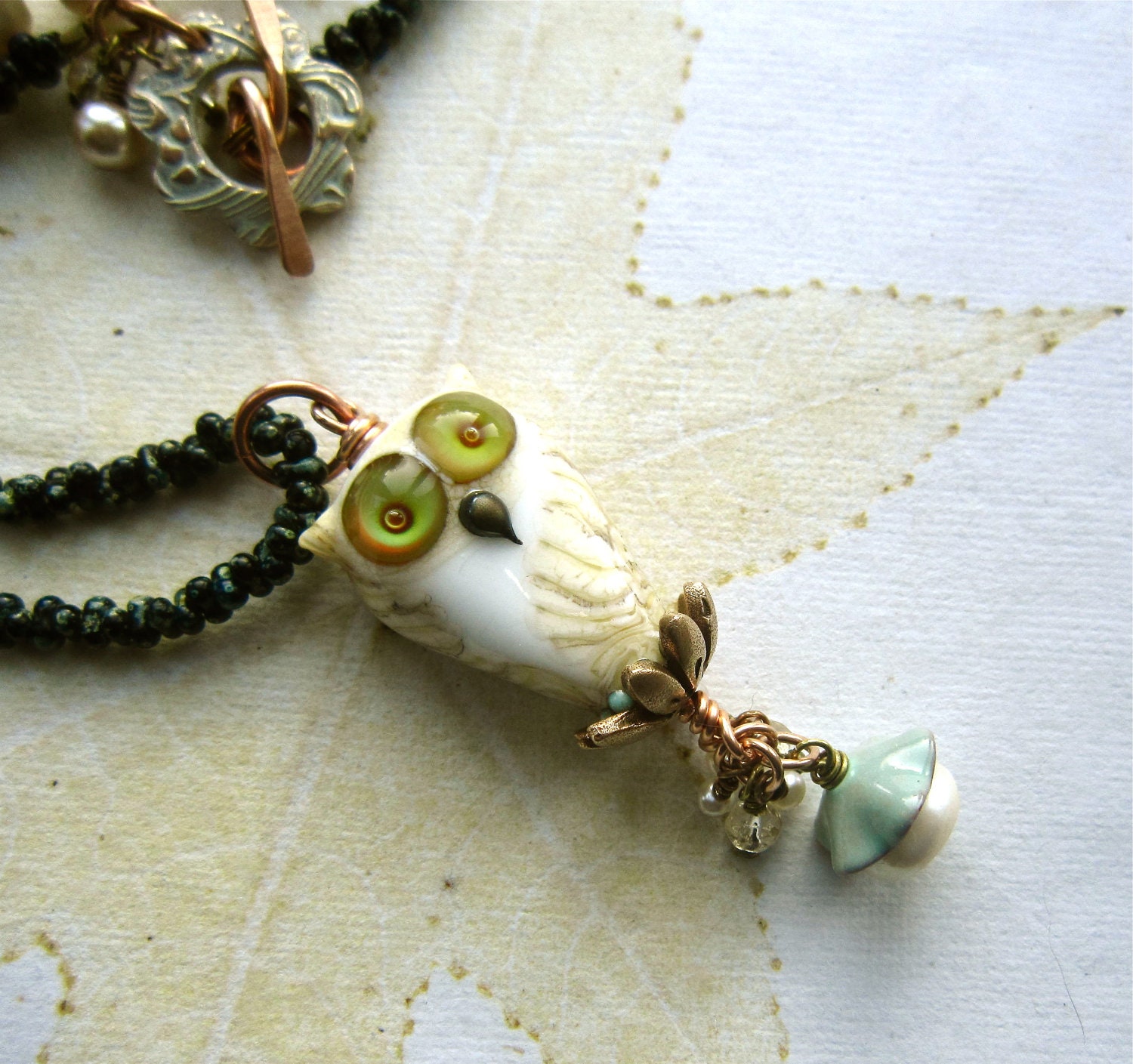 Lampwork owl necklace, Owl pendant, beaded necklace, snowy owl, Bronze and pealnecklace
