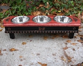Elevated  Pet Feeder Medium Dogs - Red Oak Stained Top  Black Distressed Shabby Chic Three Bowls Made To Order