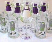 Wedding party glasses, wine glasses and beer mug.  Bridesmaids and Groomsman gifts.  Plum purple dress and Groomsmen vest glasses. 1 glass