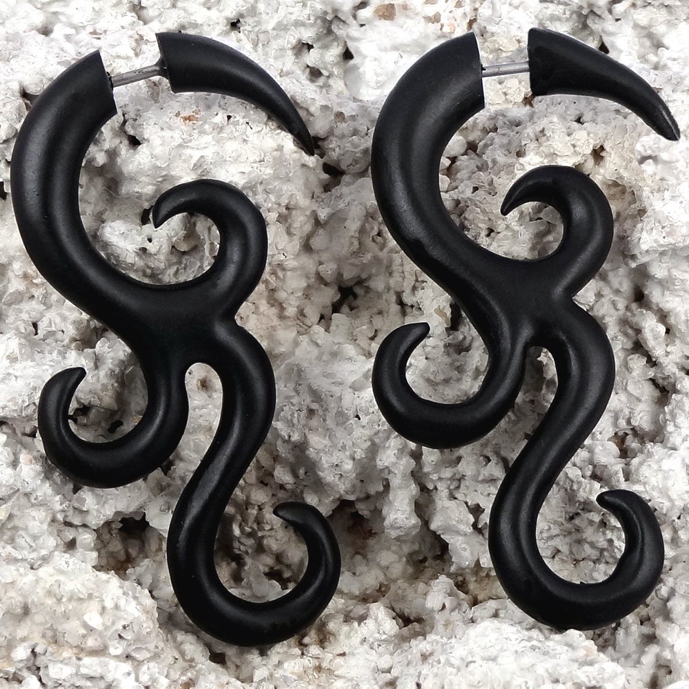 Fake Gauges -- 1 Pair Wooden Earrings - Bohemian Scroll Spirals - Organic Wood - (By Fake Gauge Organics)