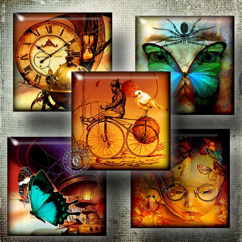 Steampunk Fantasy - 1x1 inch squares - Digital Collage Sheet CG-602S for Scrapbooking, Resin Pendants, Glass Pendants - Instant Download
