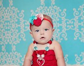 Gorgeous Posh  Couture Dr Seuss Red Turquoise gem rosette flower  Headband Baby & girls photograpy prop Bow Rosette