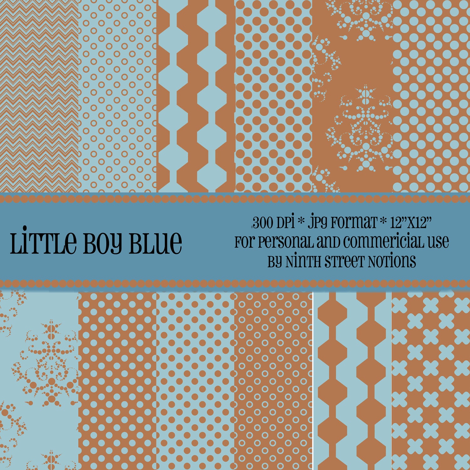 Blue and Brown Patterned Digital Scrapbook Papers 12x12 - for invitations, blog design, photographers