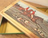 English hunt scene tin box.  Desk accessory.  Trinket box.