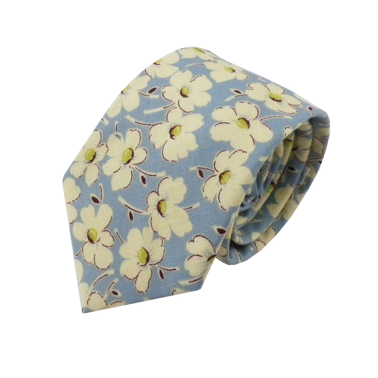 SALE Necktie - Pale Blue with Cream Flowers Necktie