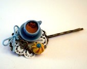 Alice in Wonderland Coffee Tea Cup Hair Pin and Biscuits Handmade - Wedding favors, bridesmaid gifts, bridal jewelry