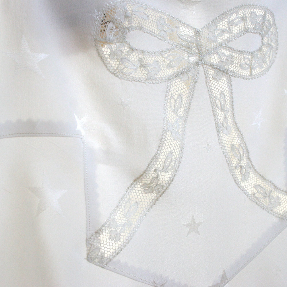 Lingerie Silk Lace Nightie Dress Chemise / Cream White Star Bow Jacquard Vintage / Small - Stella Moonshine Chemise