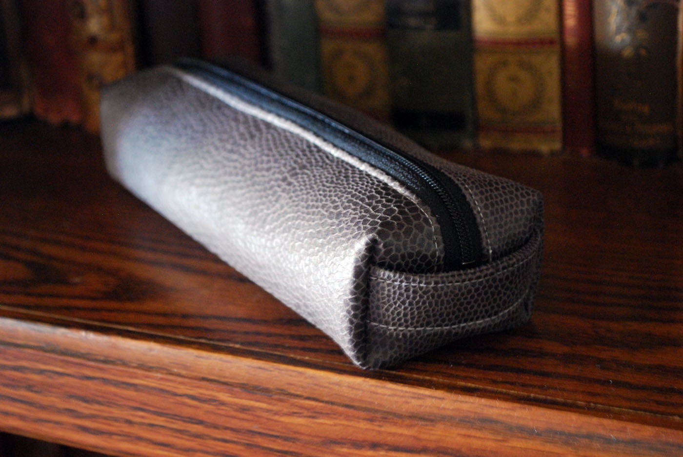 Gray sueded faux snakeskin pencil case - long