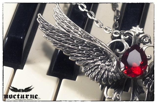 Gothic Necklace with Wings and Red Gem - Silver Necklace - Women's Victorian Gothic Jewelry