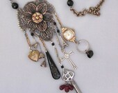 Repurposed Charm Necklace, Antique Statement Long Chain Necklace, Heart Locket, Religious Cross, Watch, Paris, Key, Mixed Metal, OOAK