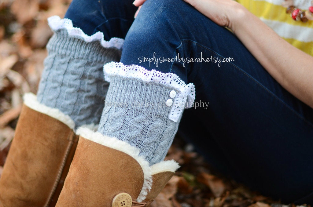Cable Gray - Leg warmers with knit lace trim & buttons, legwarmers