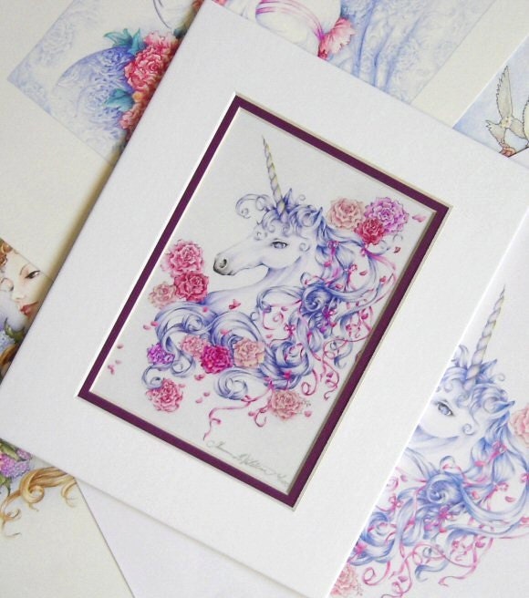 Fantasy Unicorn 8x10 MATTED Art Print "Ribbons And Roses"