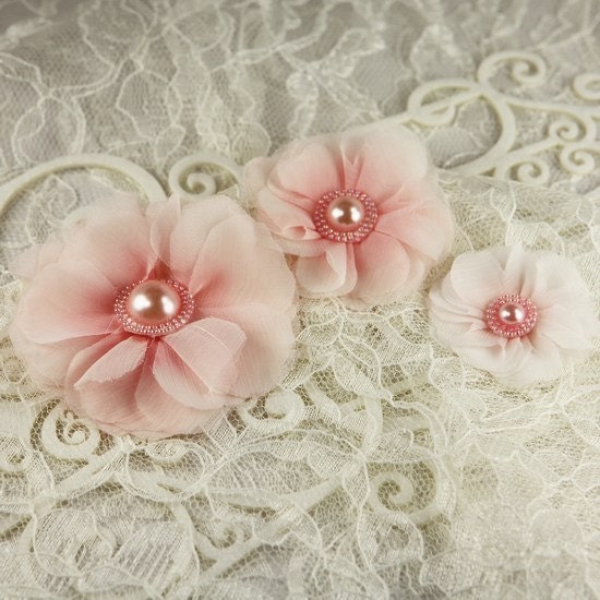Millinery Collection - Berries 547318 - 2 Sheer Fabric Flowers with beaded pearl centers - pink flowers - flat  back