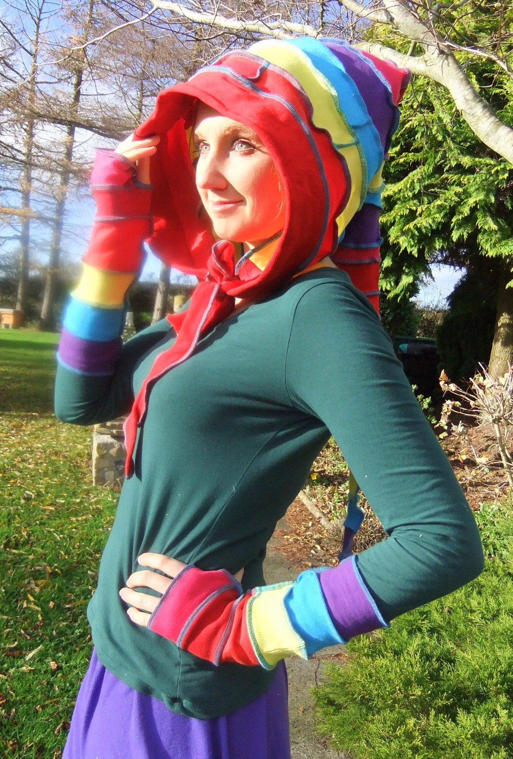 Rainbow Cotton Scoodie and Arm warmers - One of a Kind - Ready to Ship
