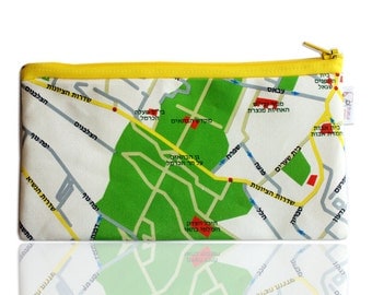 HAIFA Pencil Case zipper pouch printed fabric with Haifa map design - a souvenir from Haifa Israel with the Bahai gardens and Bat galim area
