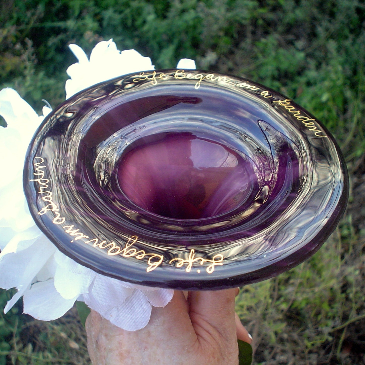 BUTTERFLY and BIRD Feeder, Purple Glass, Gold 18K Inscription, stained glass, copper garden, Garden Decor