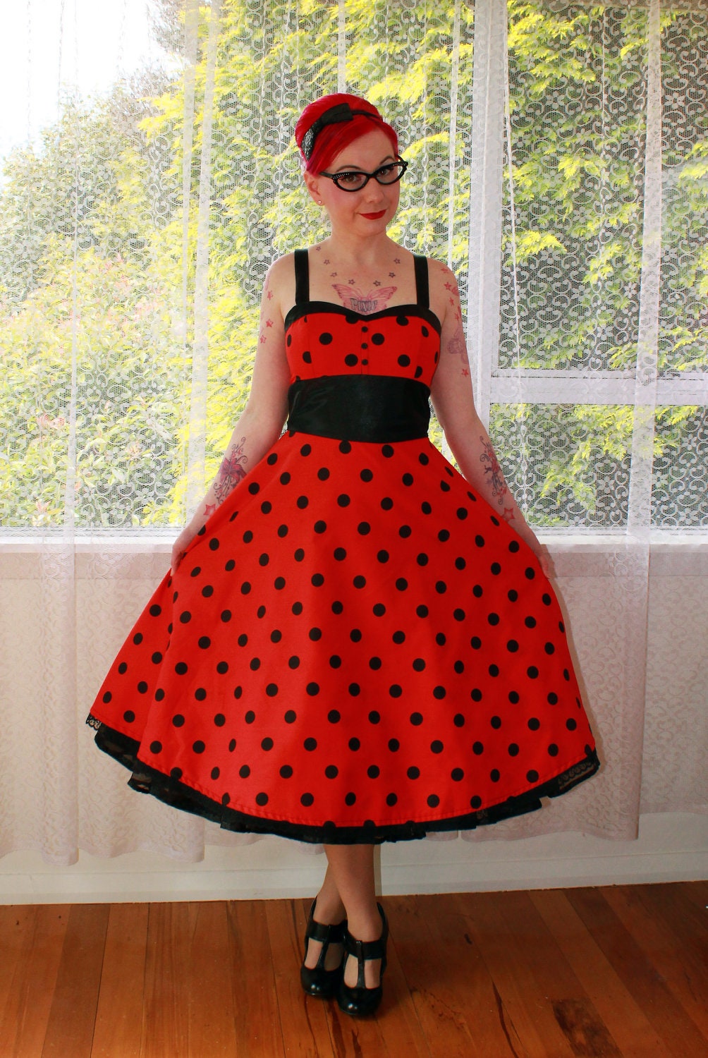 Pin Up Red Polka Dot Sweetheart Neckline Dress with a Full Skirt with Organza Petticoat - Custom made to fit