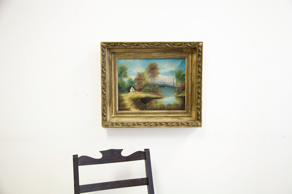 Little Cottage on the Lake Vintage Oil Painting