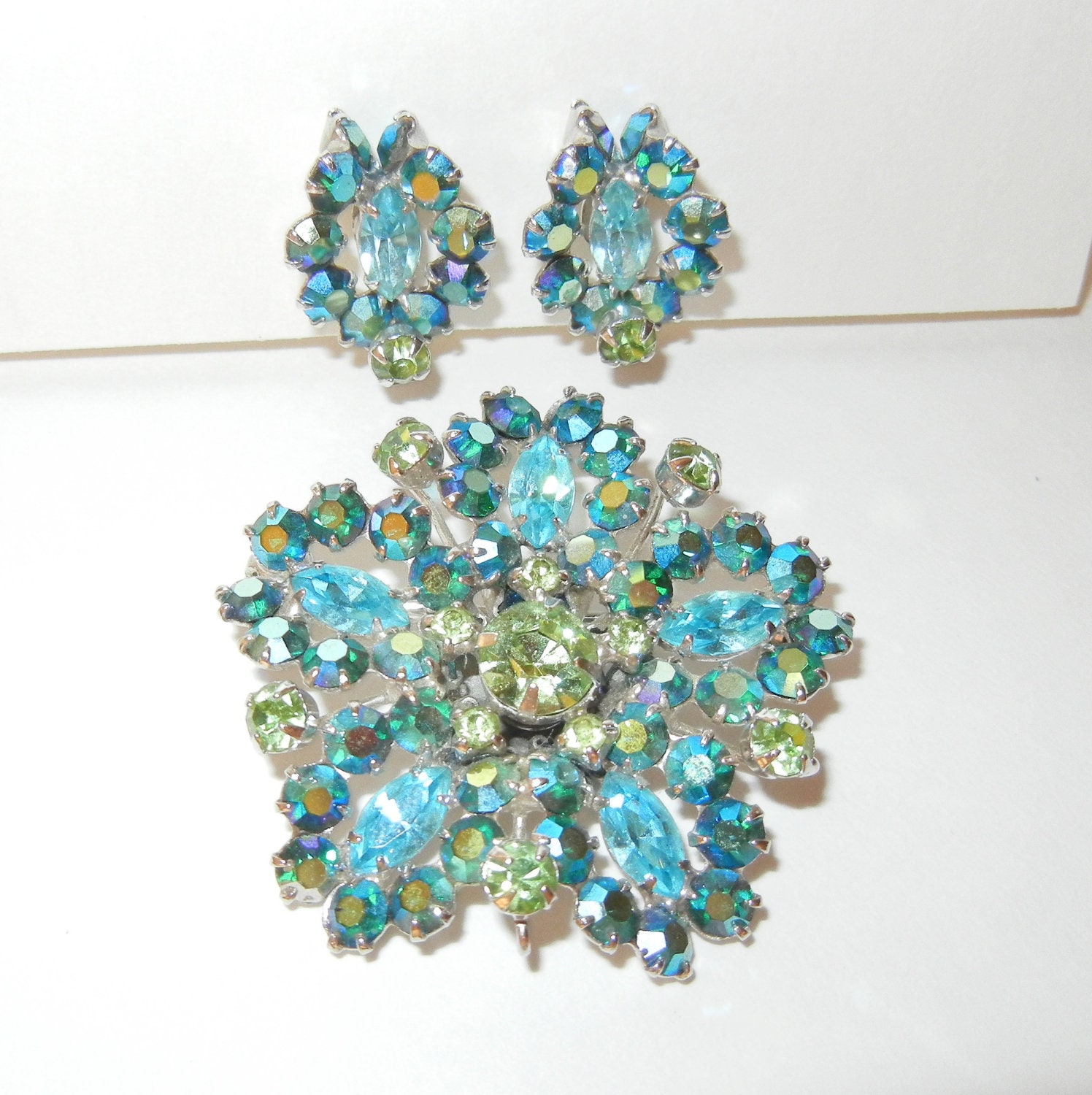 Vintage Aurora Borealis Brooch and Earrings Set Blue and Green