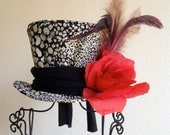 Cheetah and Red Rose Mini Top Hat - hair Accessory, Fashion, Party,Cosplay, Wedding, Bridesmaid / Photo shoot
