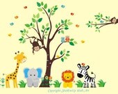 Tree Wall Decal with Giraffe, Elephant, Zebra, Lion, Branch, Monkey, Owls  -   Nursery Wall Decal -485